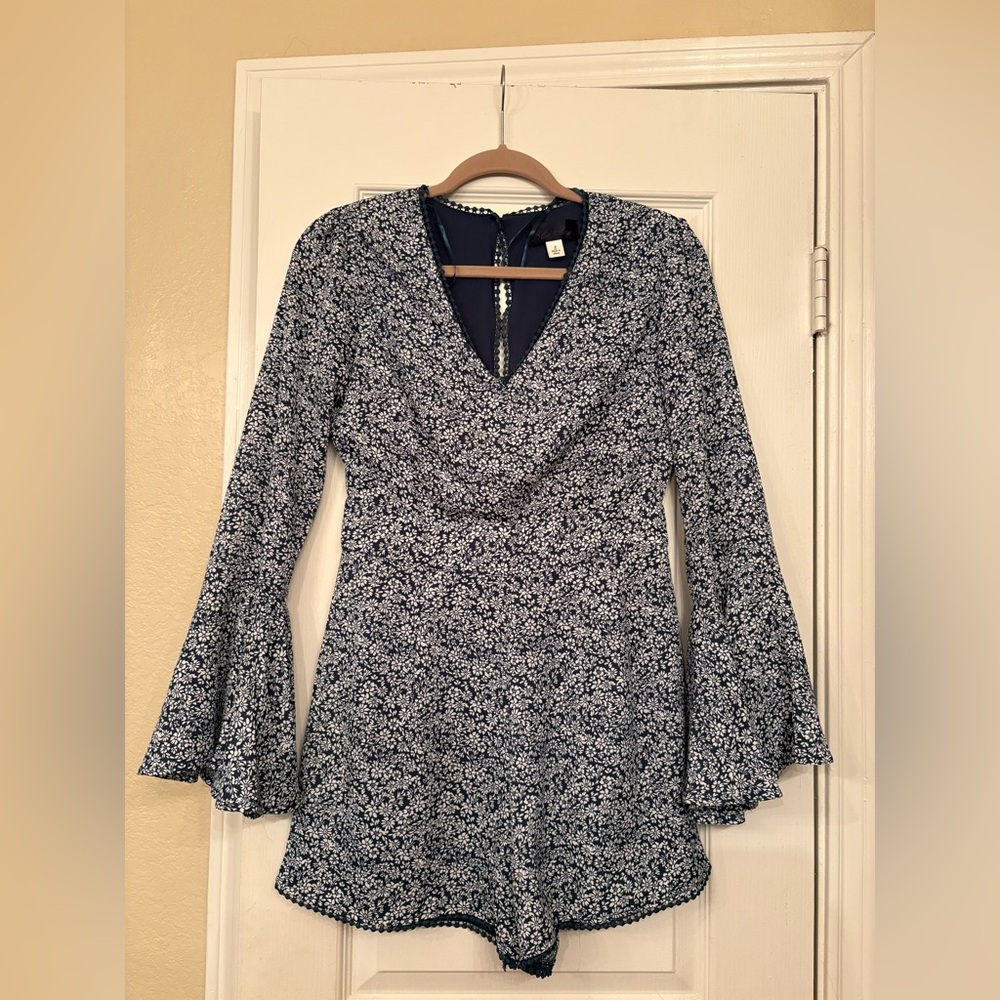 Blue Rain Teal Floral Romper with Bell Sleeves